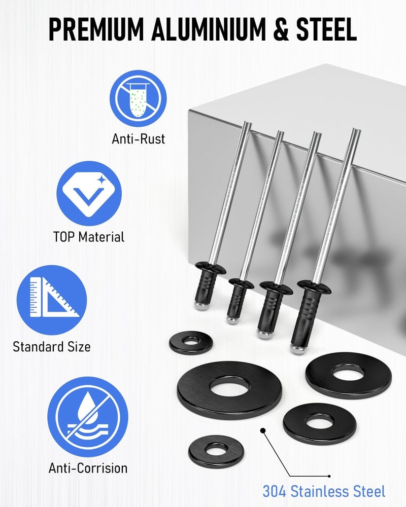 INCLY 1000PCS Pop Rivets Assortment Kit, 14 Sizes Black Rivets for Metal 3/32" 1/8" 5/32" 3/16" 1/4" and 5 Sizes 304 Stainless Steel Washers with Storage Case - Image 4